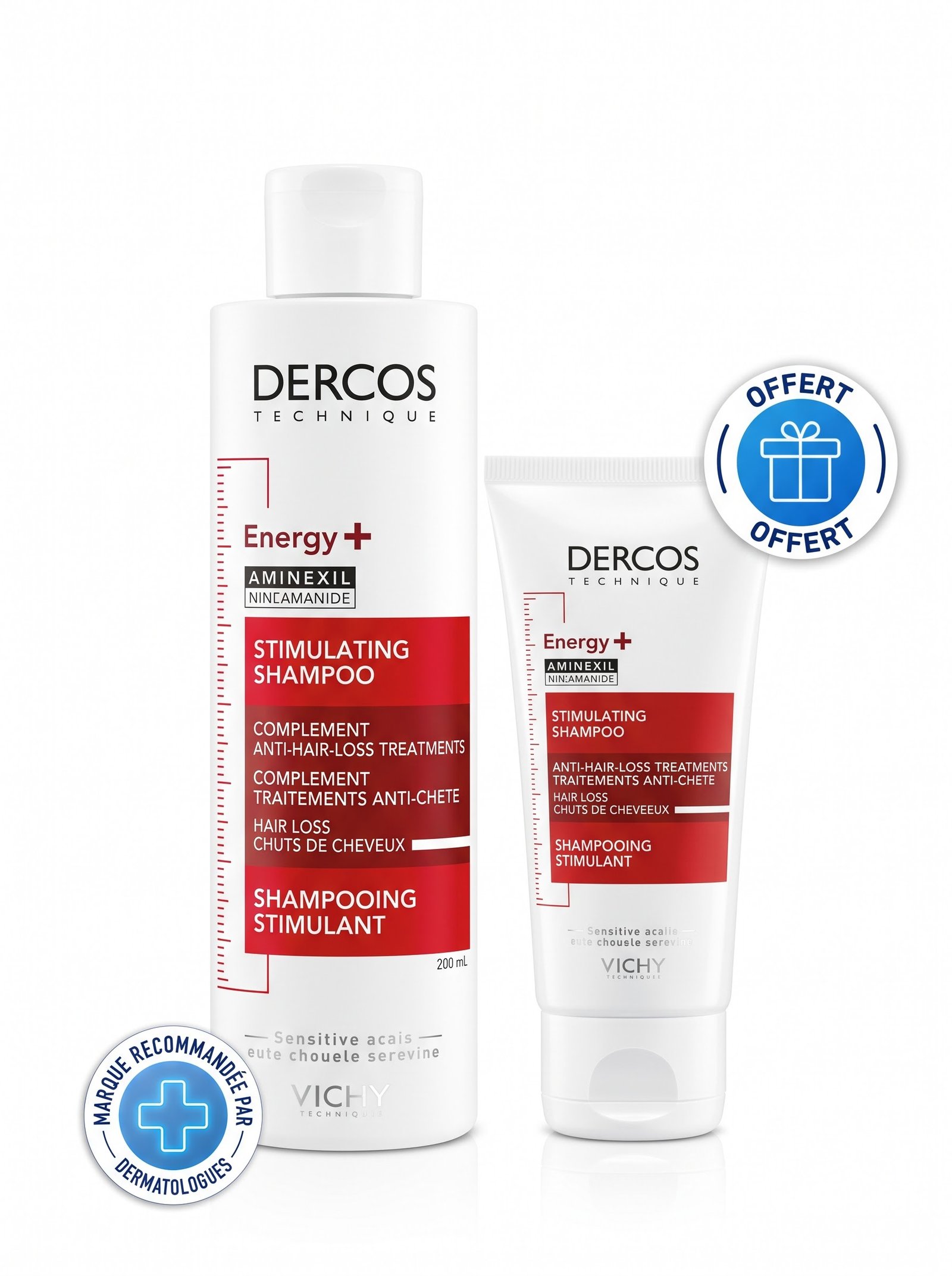 VICHY Dercos Technique Energy+ : Shampooing Stimulant Anti-Chute (Flacon 200 ml + Format Tube Offert)